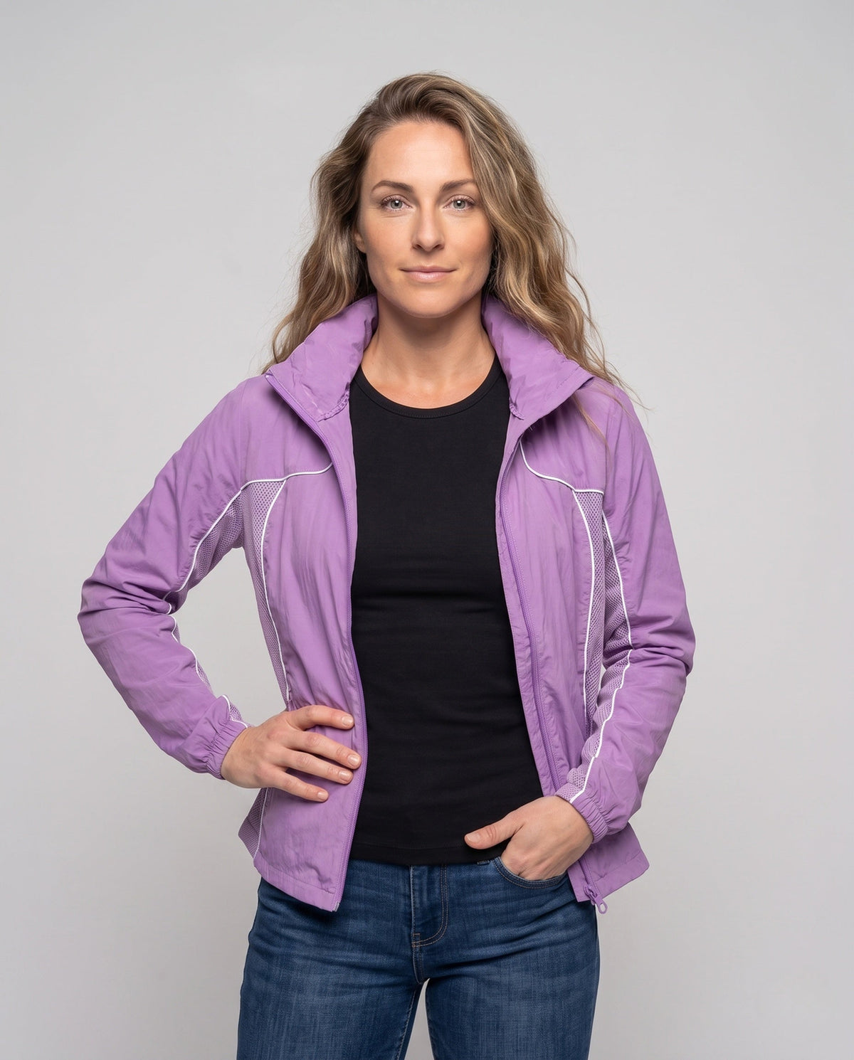 Women's Lightweight Windbreaker Jacket with Breathable Material - Upper Body View