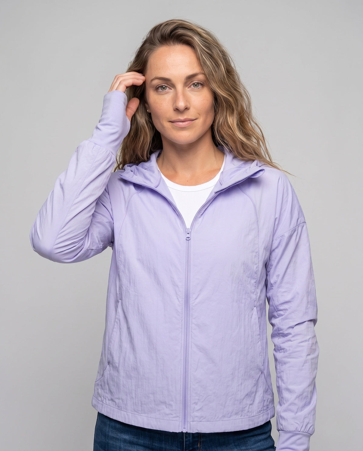 Women's Lightweight Windbreaker with Adjustable Hood - Upper Body View