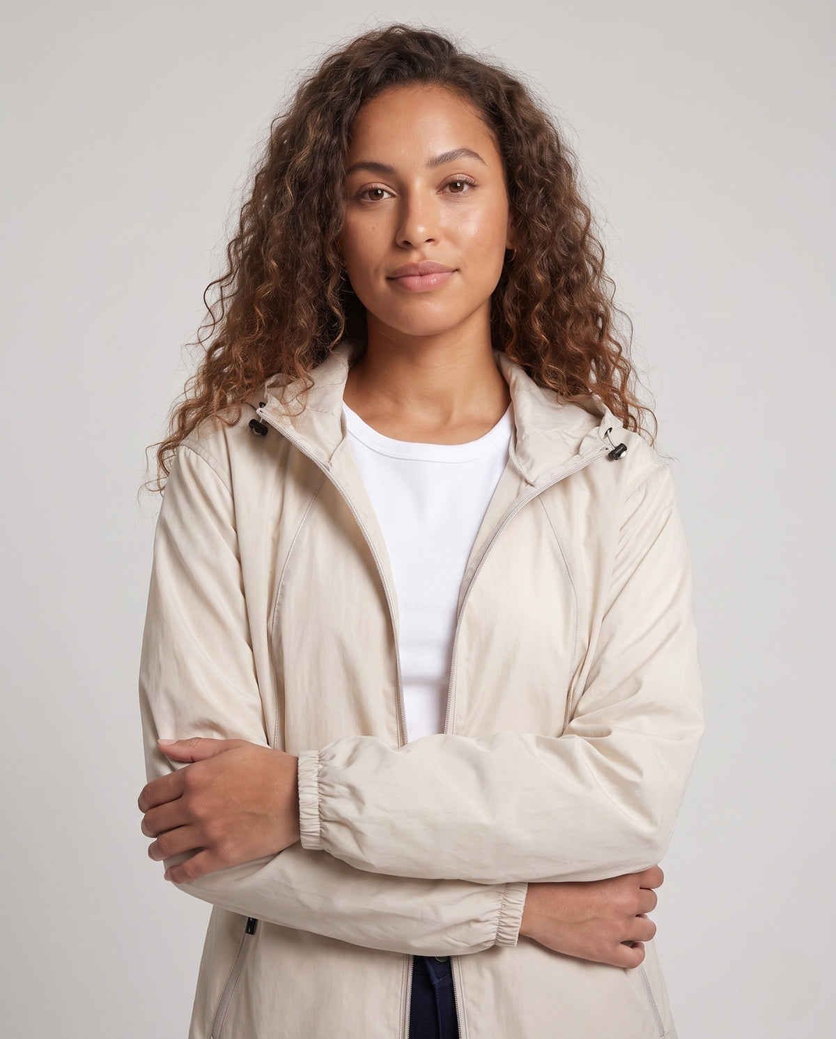 Women's Breathable Windbreaker Jacket with Adjustable Hood - Upper Body View