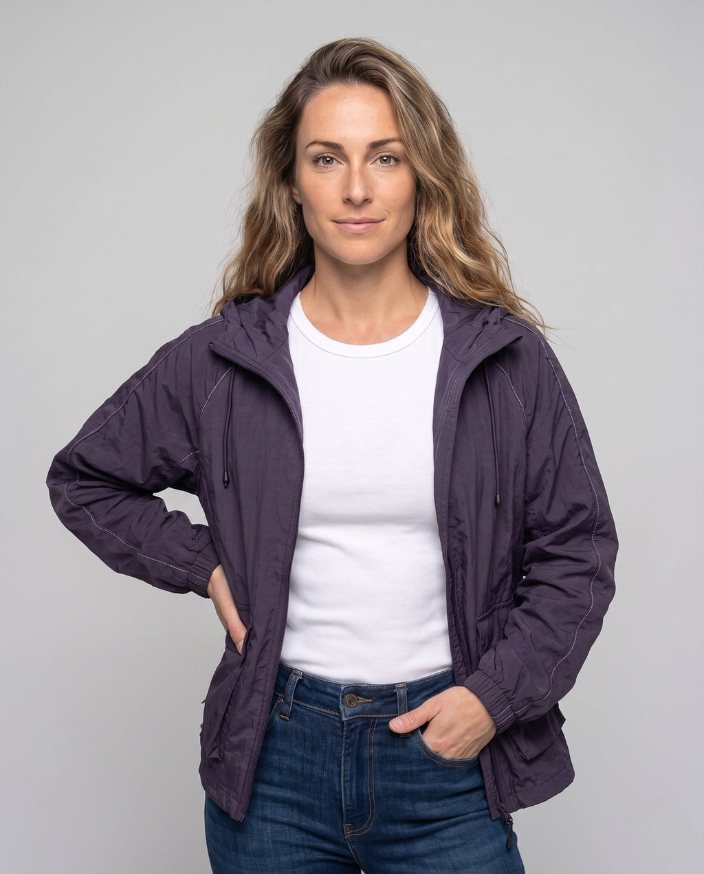 Women's Functional Jacket with Breathable Inserts and Adjustable Hood - Upper Body View