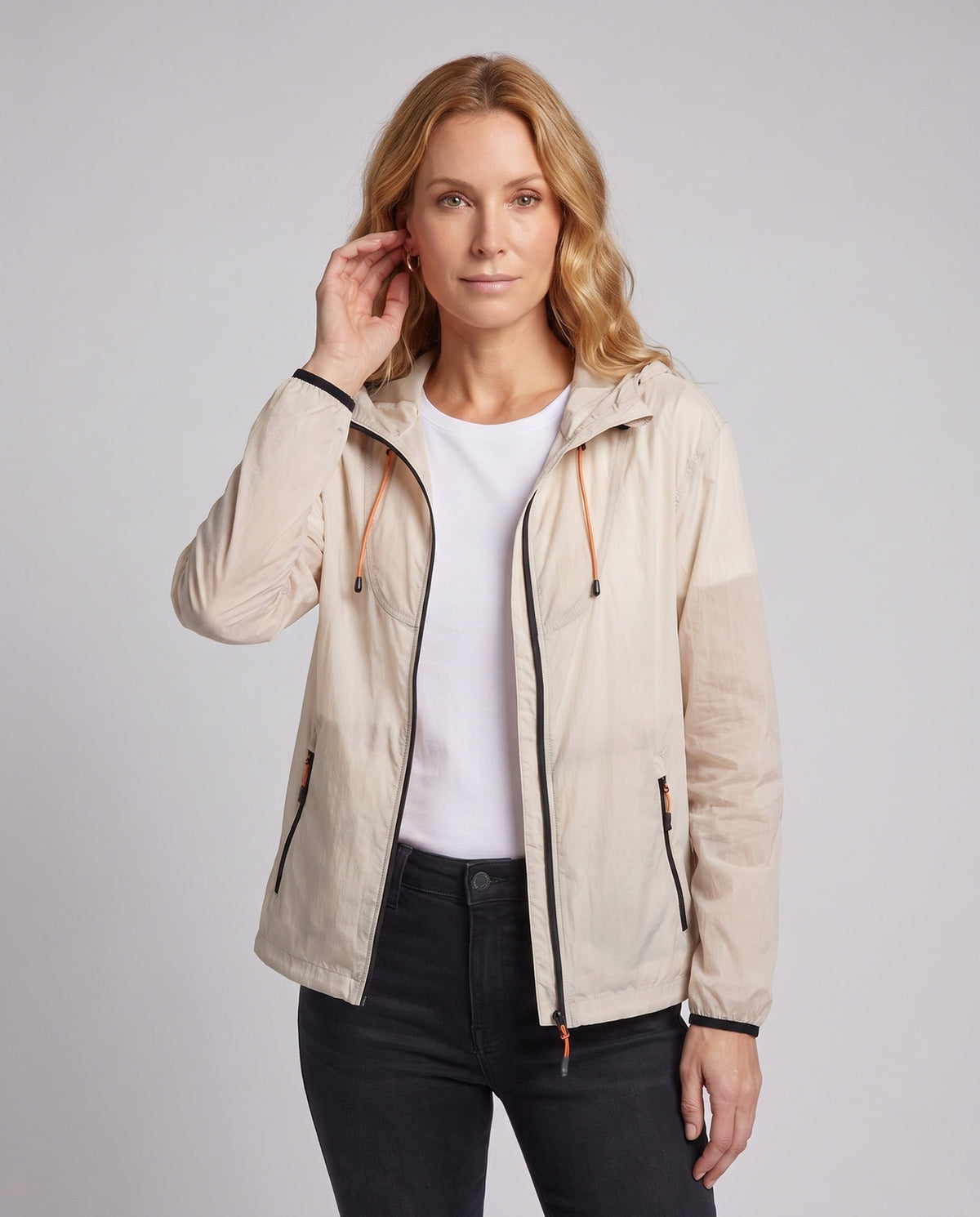 Women's Lightweight All-Weather Jacket with Adjustable Hood Design - Upper Body View