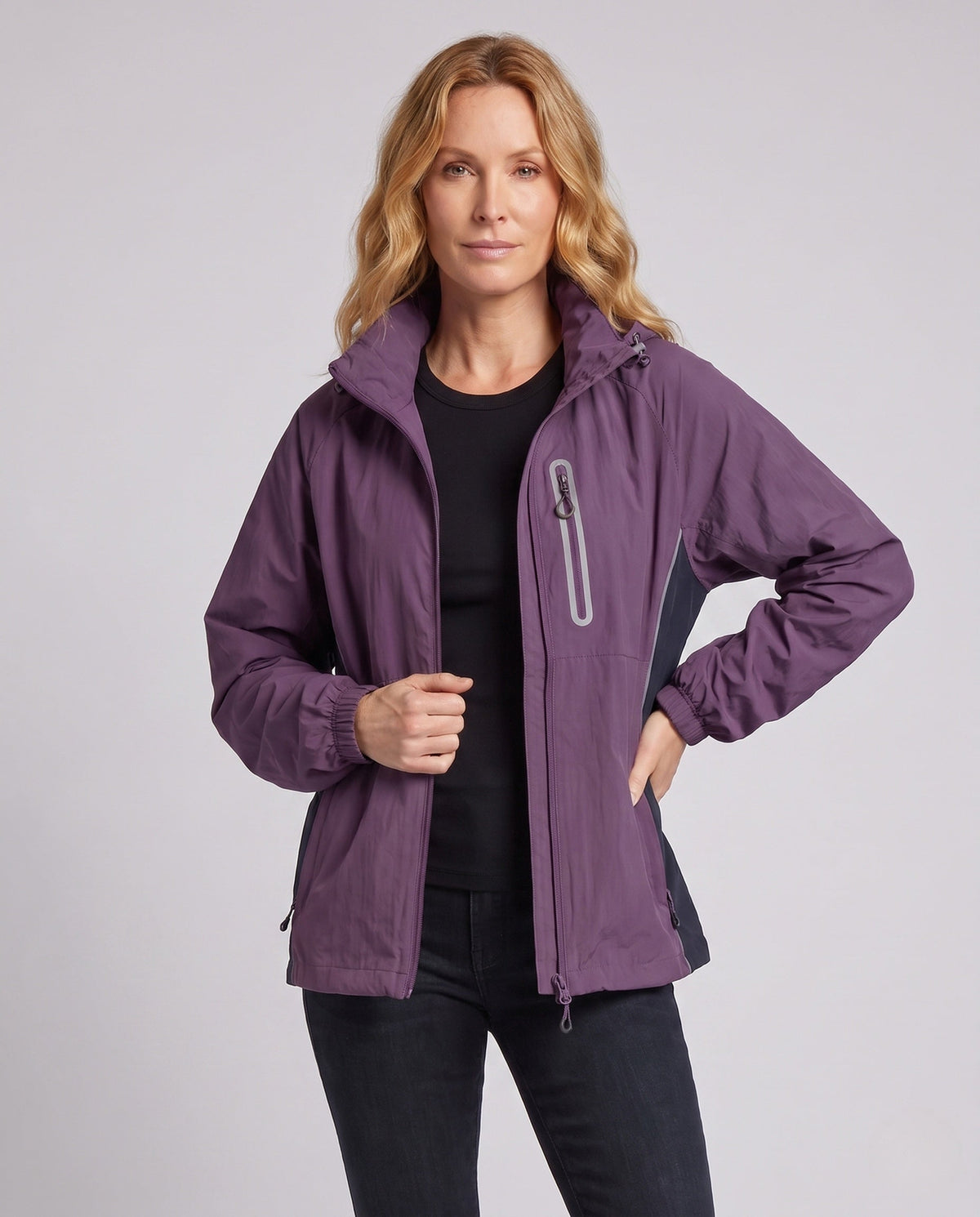 Women's Lightweight Functional Jacket with Adjustable Hood Design - Upper Body View