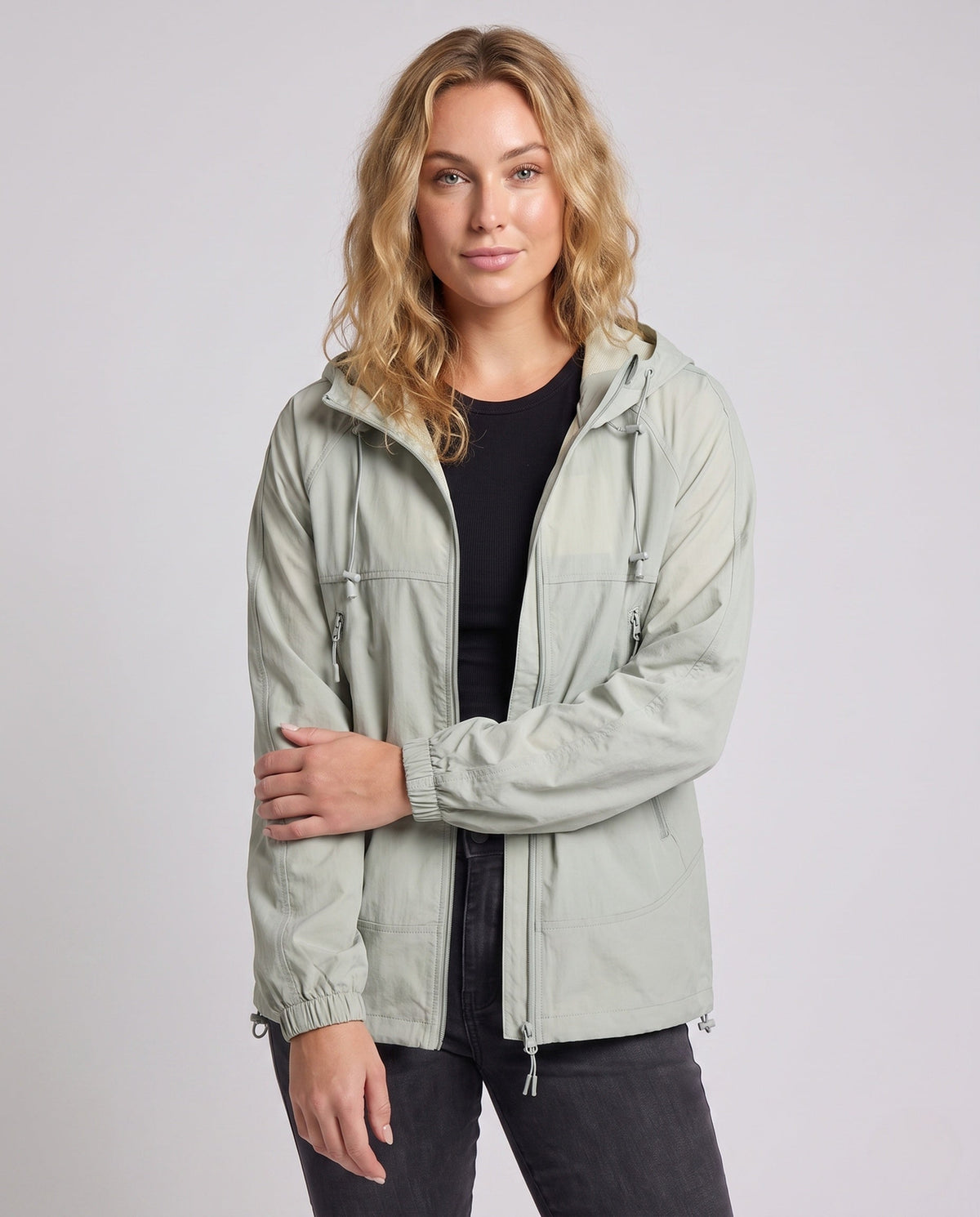 Women's Lightweight Outdoor Jacket with Adjustable Hood - Upper Body View