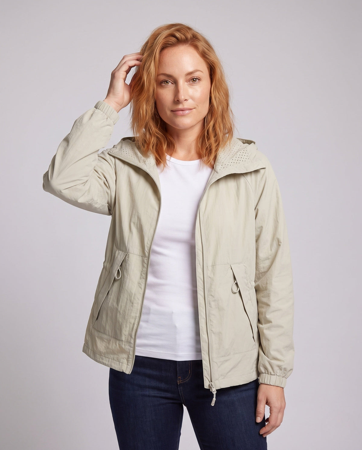 Women's Lightweight and Breathable Transitional Jacket with Hood - Upper Body View