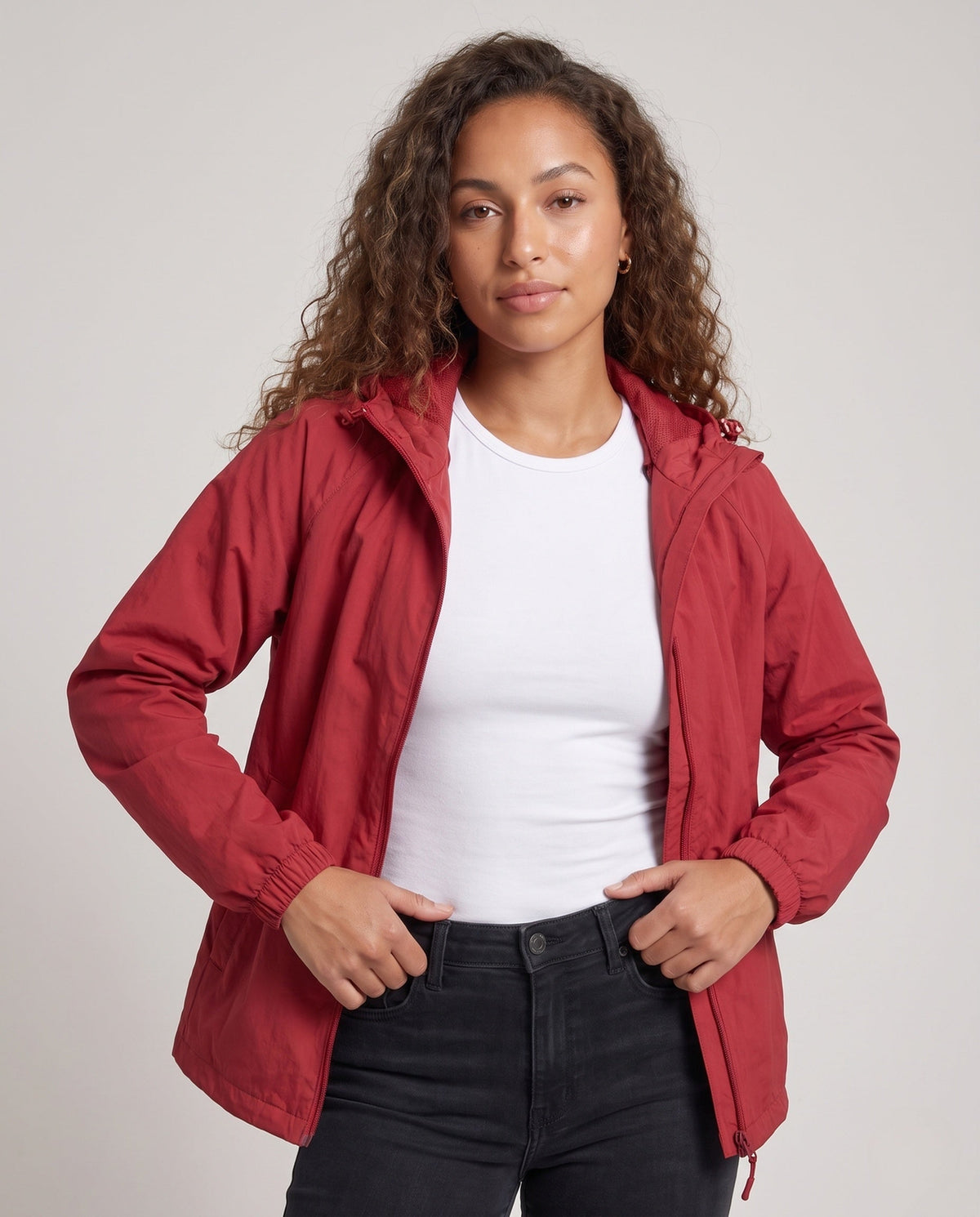 Women's Lightweight Windbreaker Jacket with Adjustable Waistband - Upper Body View