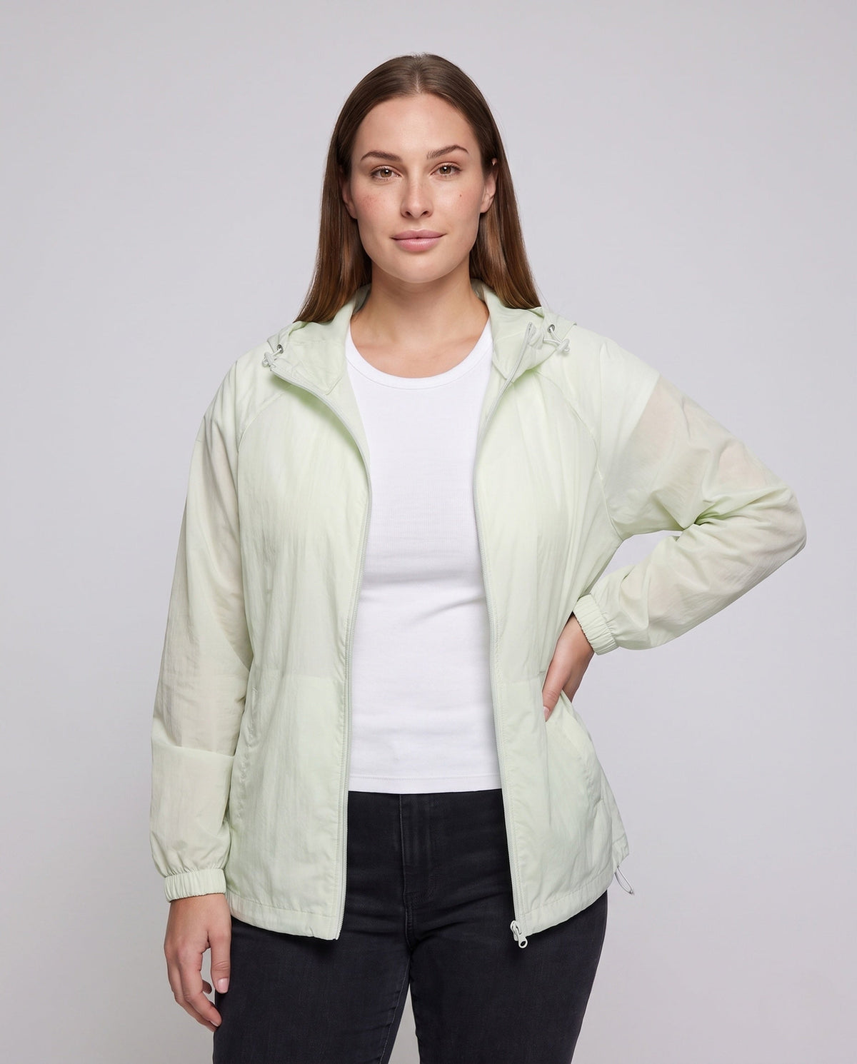 Women's Practical Windbreaker Jacket with Adjustable Hood - Upper Body View