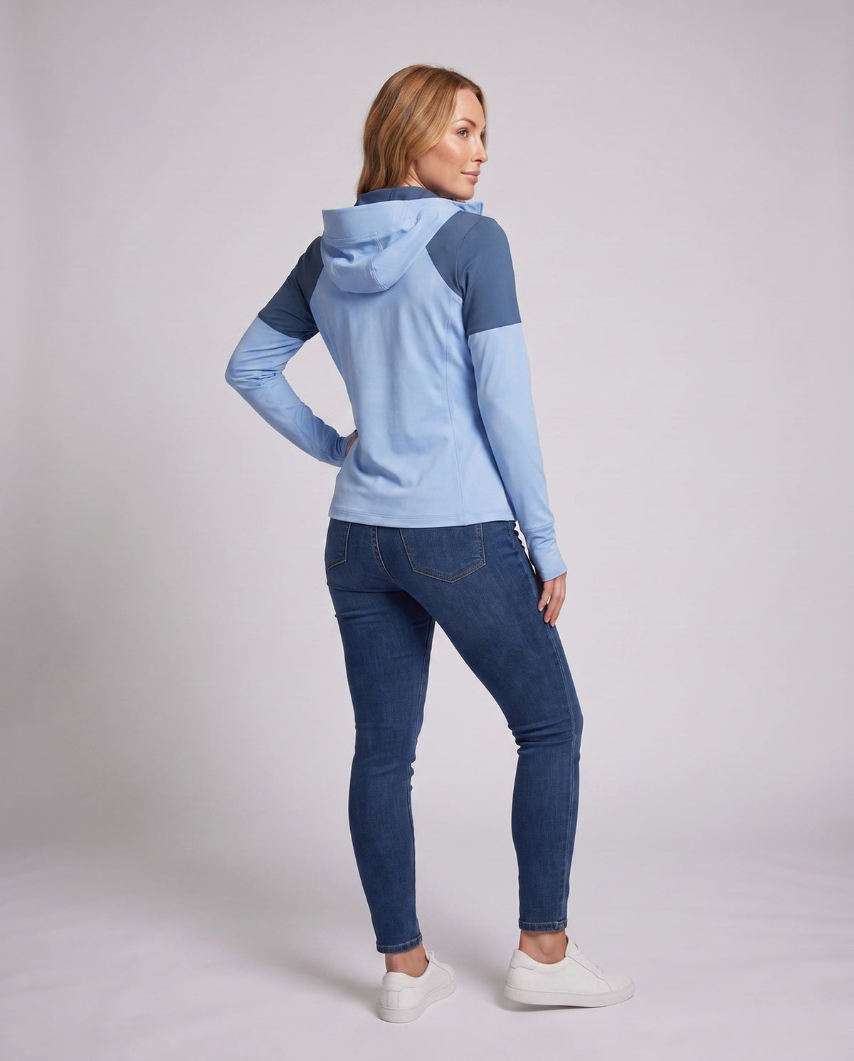Women's Multifunctional Hoodie Jacket with Fold-Out Sun Visor - Back View