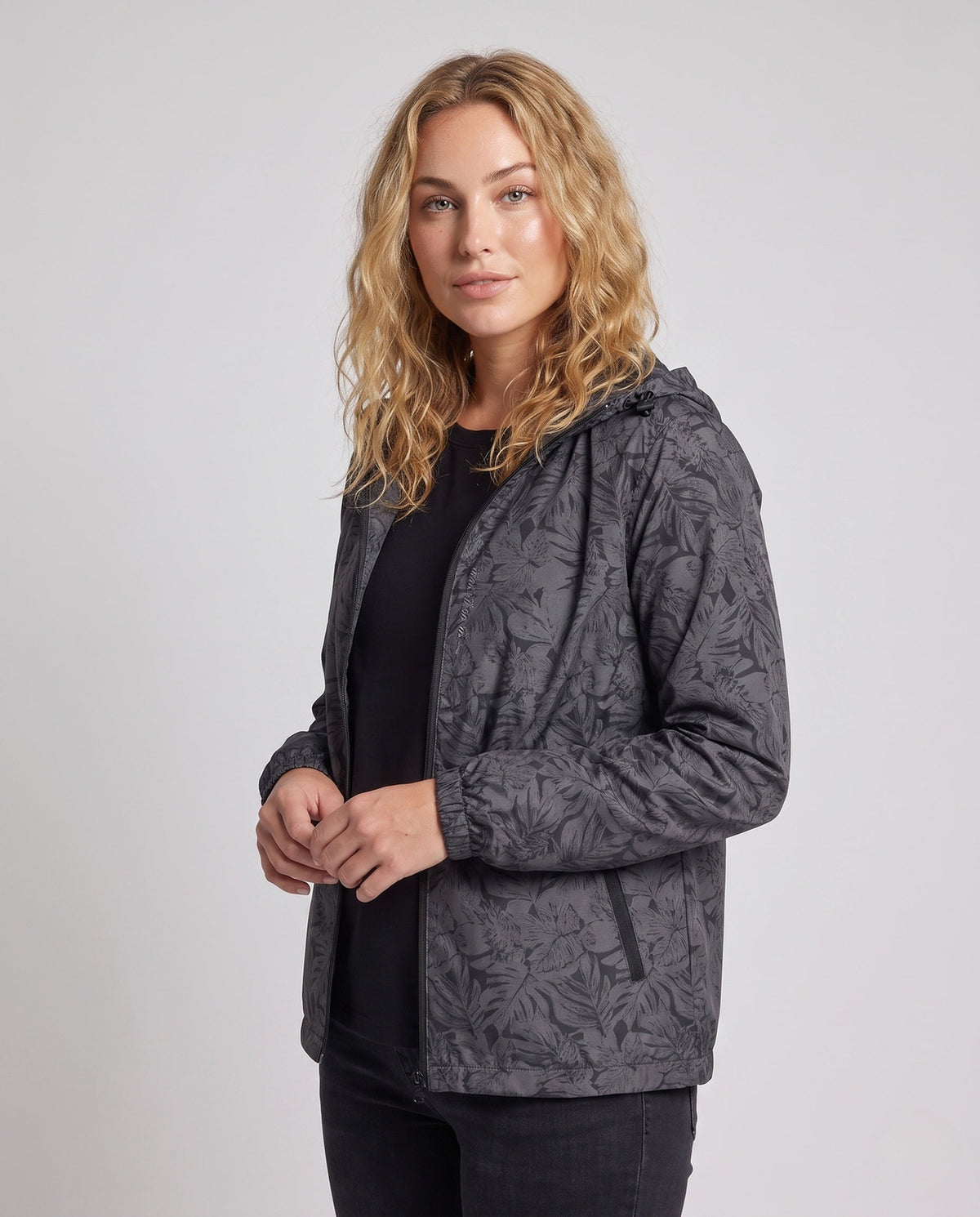 Unisex Ultralight Tropical Leaf Pattern Hooded Windbreaker - Upper Body View
