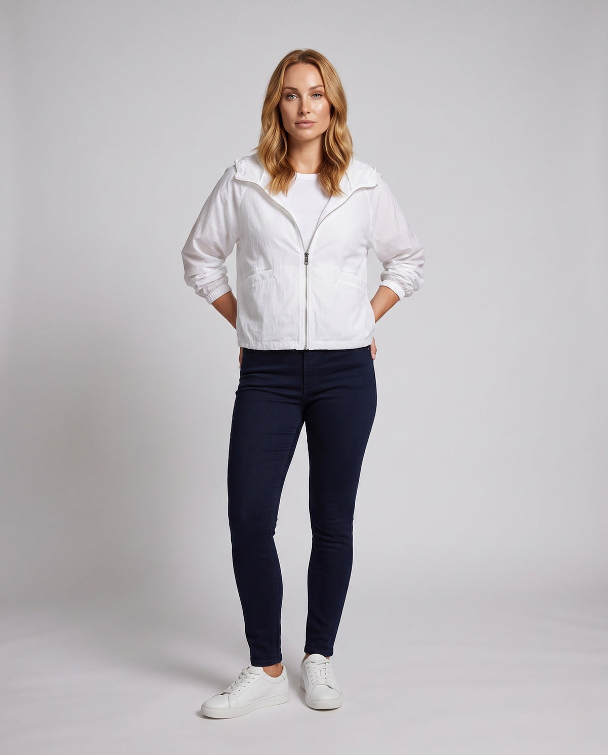 Women's Casual Summer Overlay Jacket with Hood, Balloon Sleeves - Front View