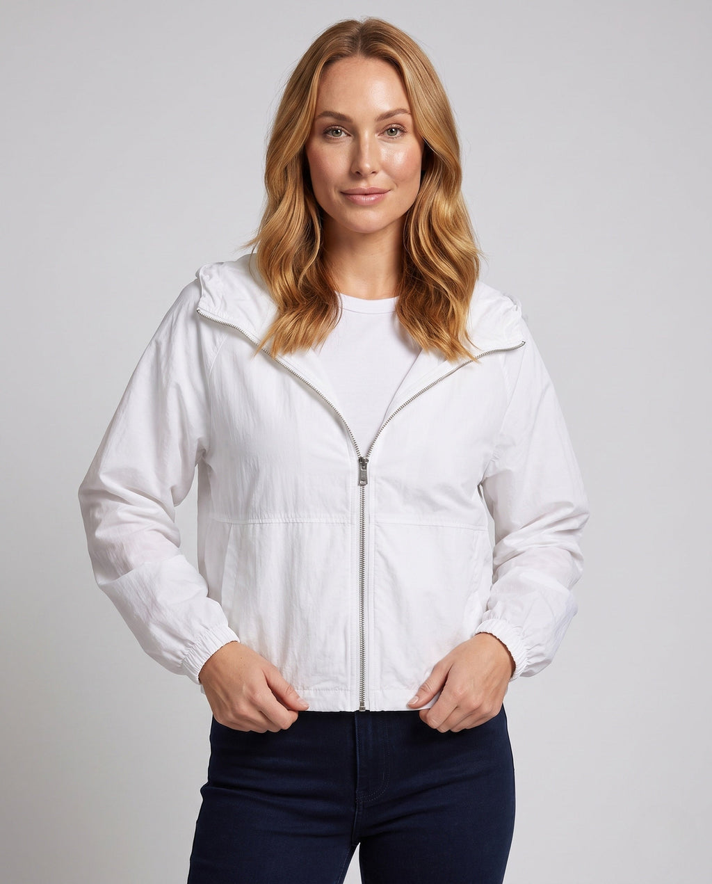 Women's Casual Summer Overlay Jacket with Hood, Balloon Sleeves - Upper Body View