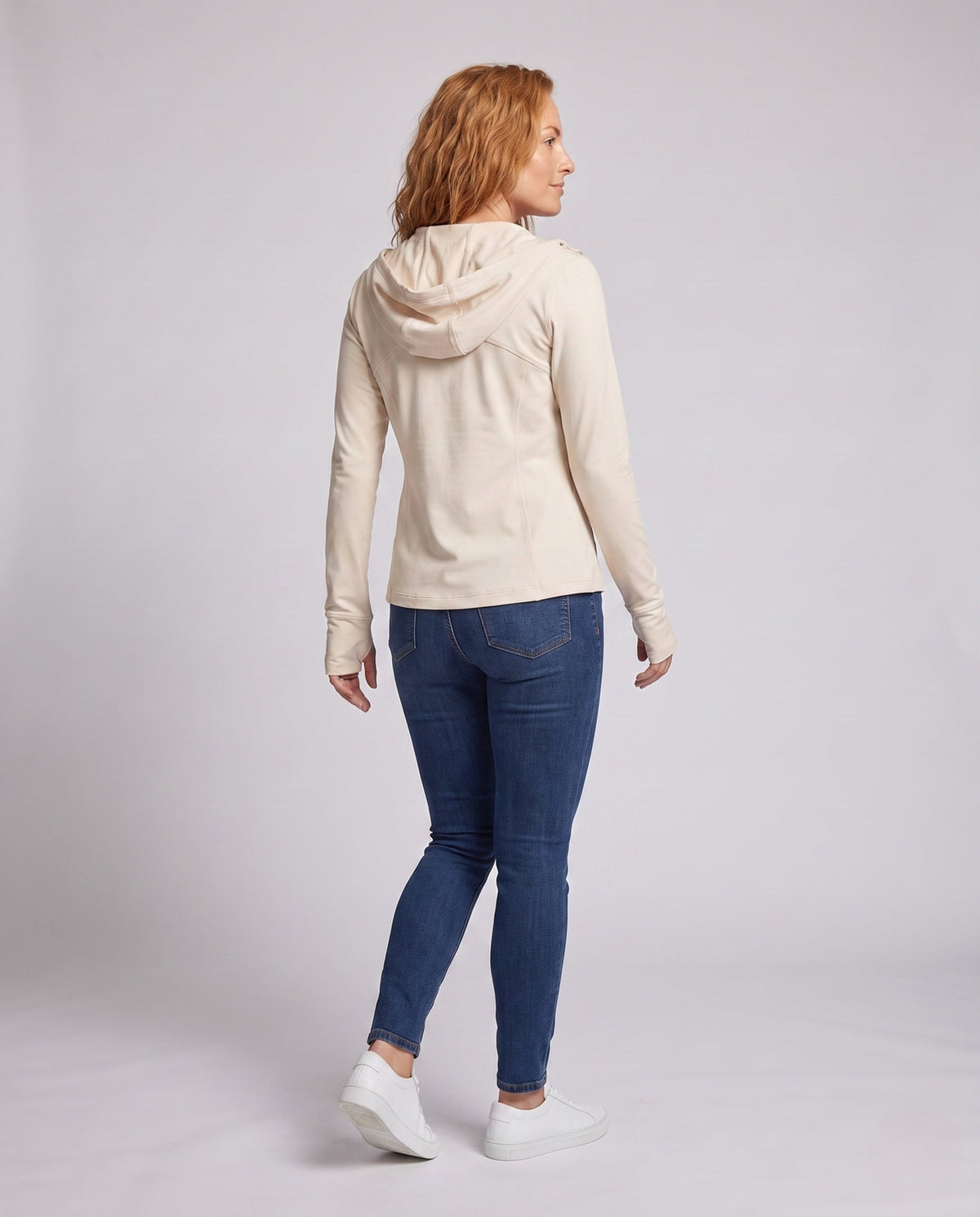 Women's Lightweight Hooded Jacket with Zipper, Integrated Thumb Holes - Back View
