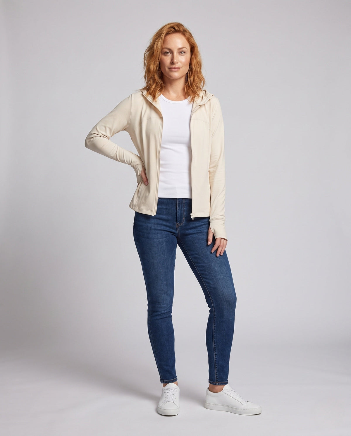 Women's Lightweight Hooded Jacket with Zipper, Integrated Thumb Holes - Front View