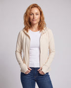 Women's Lightweight Hooded Jacket with Zipper, Integrated Thumb Holes - Upper Body View