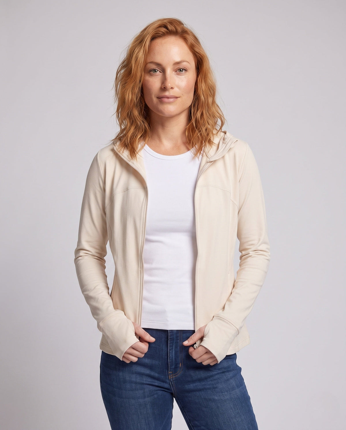 Women's Lightweight Hooded Jacket with Zipper, Integrated Thumb Holes - Upper Body View