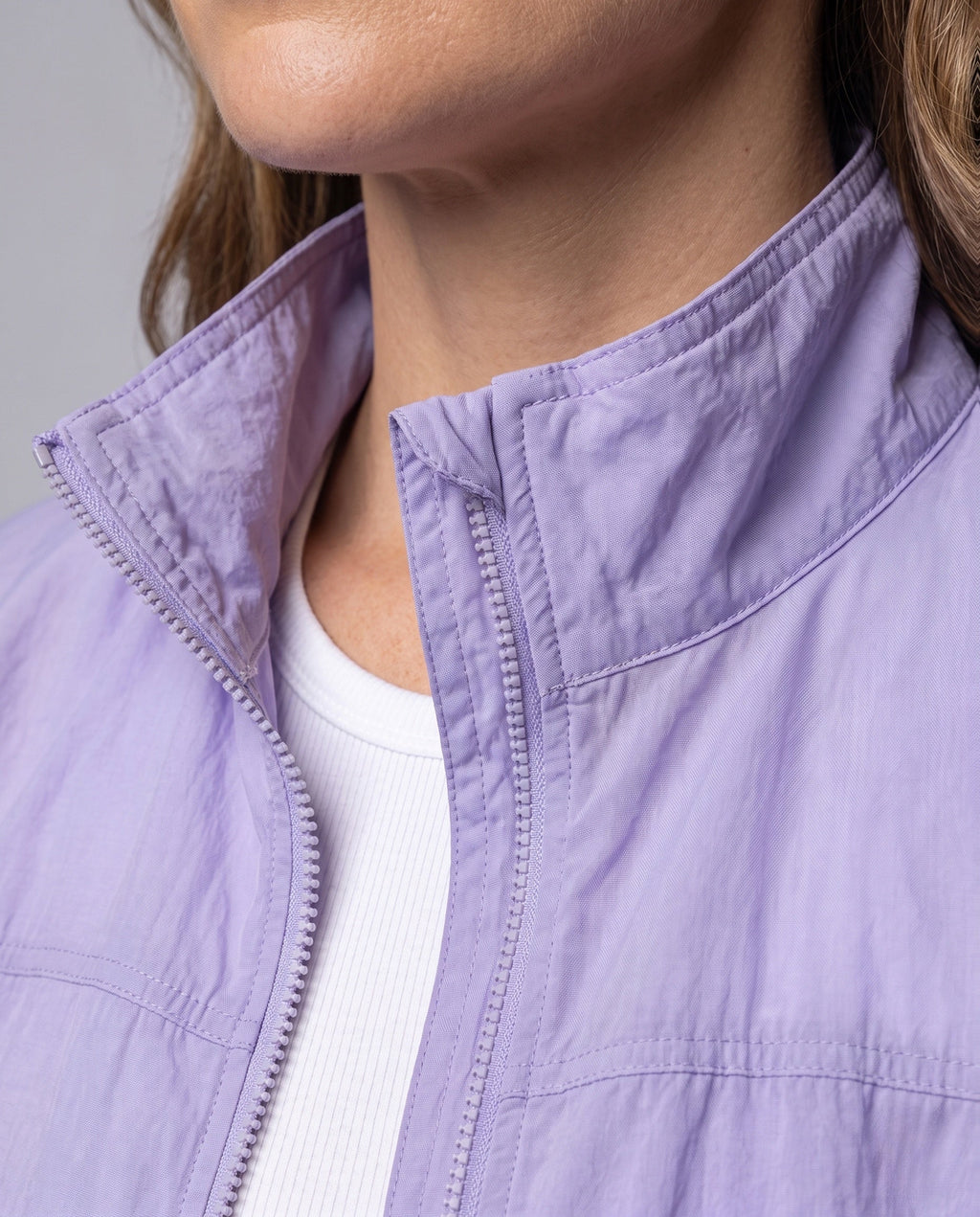 Women's Light Oversized Short Jacket with Stand-Up Collar, Elastic Hem - Close-Up Detail
