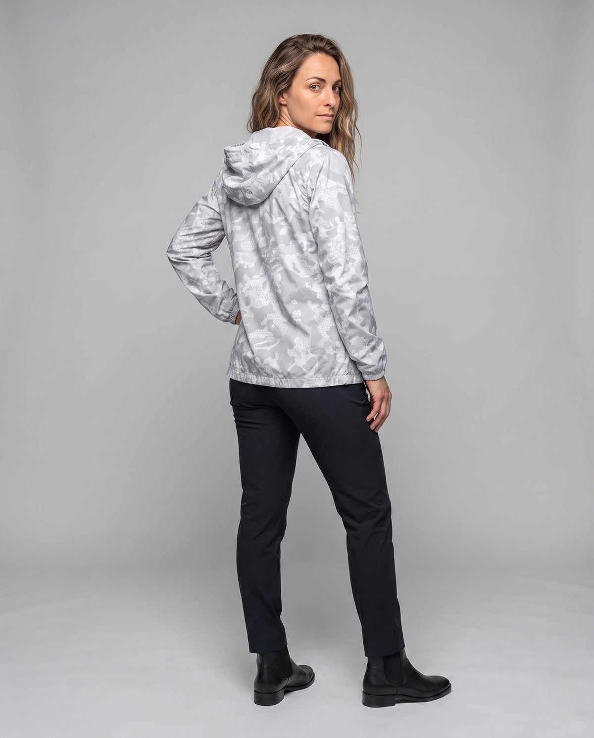Women's Travel-Friendly Hoodie Jacket with Hexagonal Structure Print - Back View