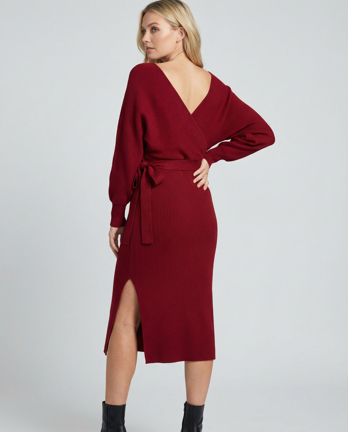 Women's Knit Dress with Elegant Wrap Design and Decorative Belt