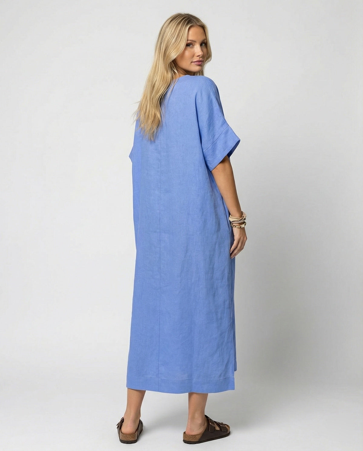 Women's Casual Linen Maxi Dress with V-Neck and Wide Cut Sleeves