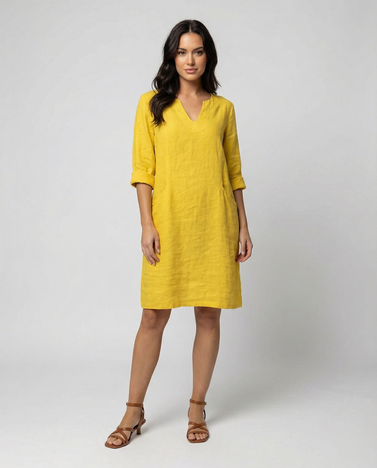 Women's Linen Dress with a Loose Fit and Elegant V-Neck