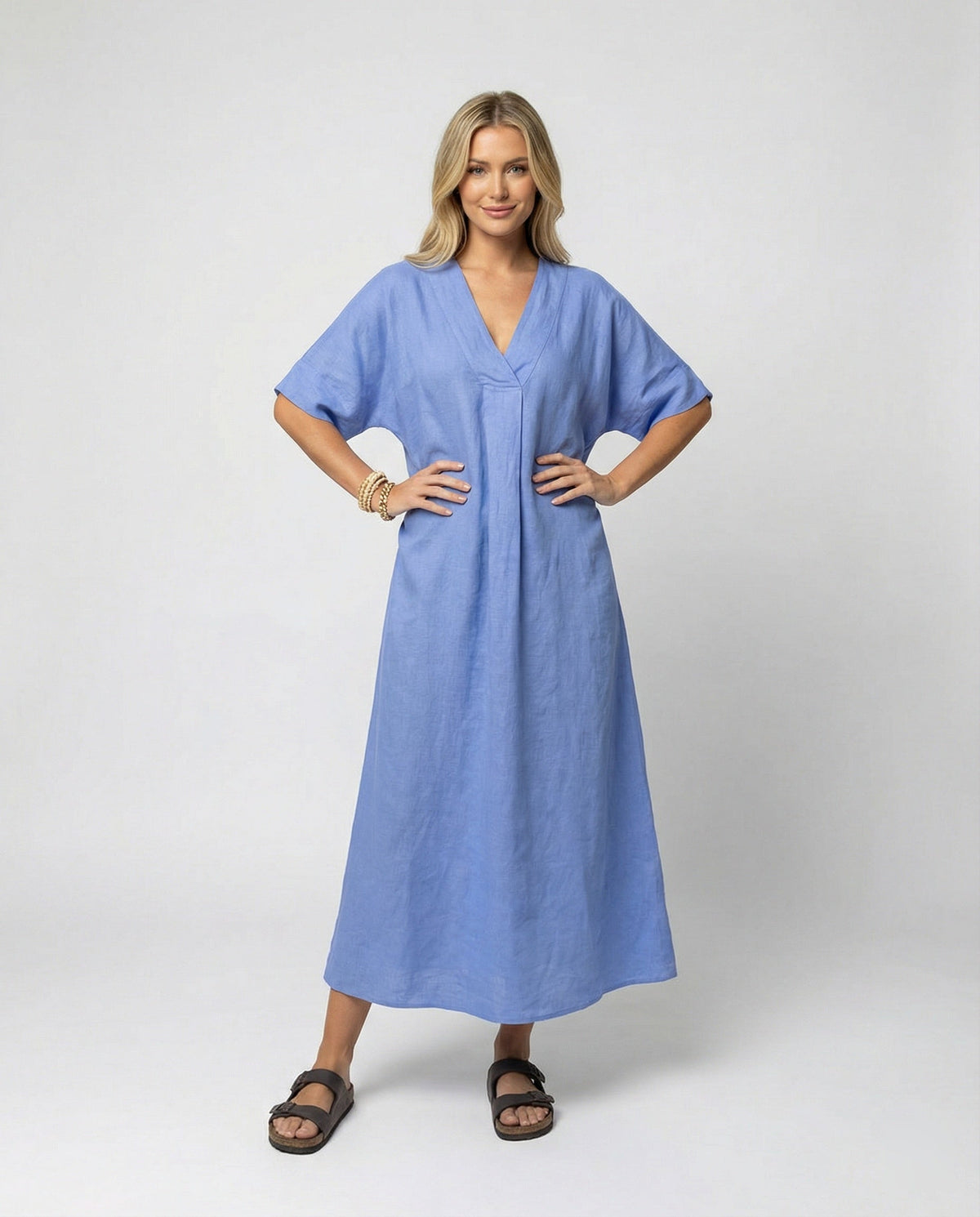 Women's Casual Linen Maxi Dress with V-Neck and Wide Cut Sleeves
