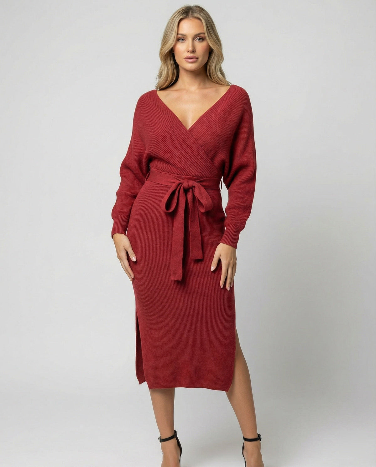 Women's Knit Dress with Elegant Wrap Design and Decorative Belt