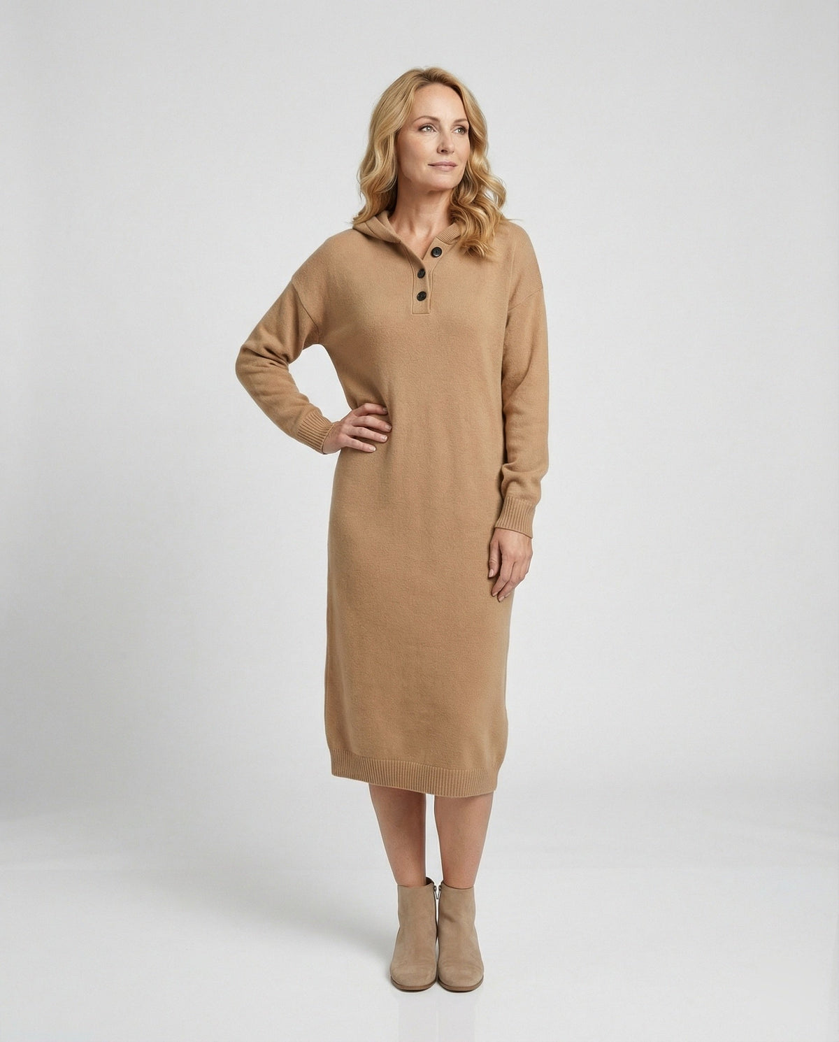 Women's Hoodie Dress made of Soft Knit Material with Button Placket