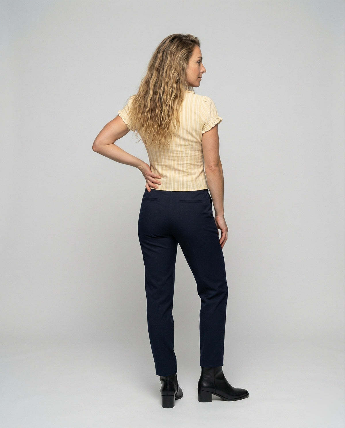 Women's Striped Eyelet-Lacing Mixed-Fabric Girl Blouse Set - Back View