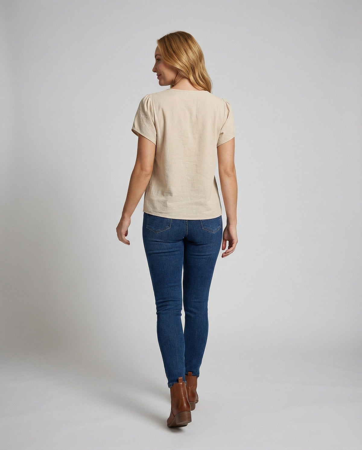 Women's Short Linen Look Mixed Material Girly Blouse Shirt - Back View