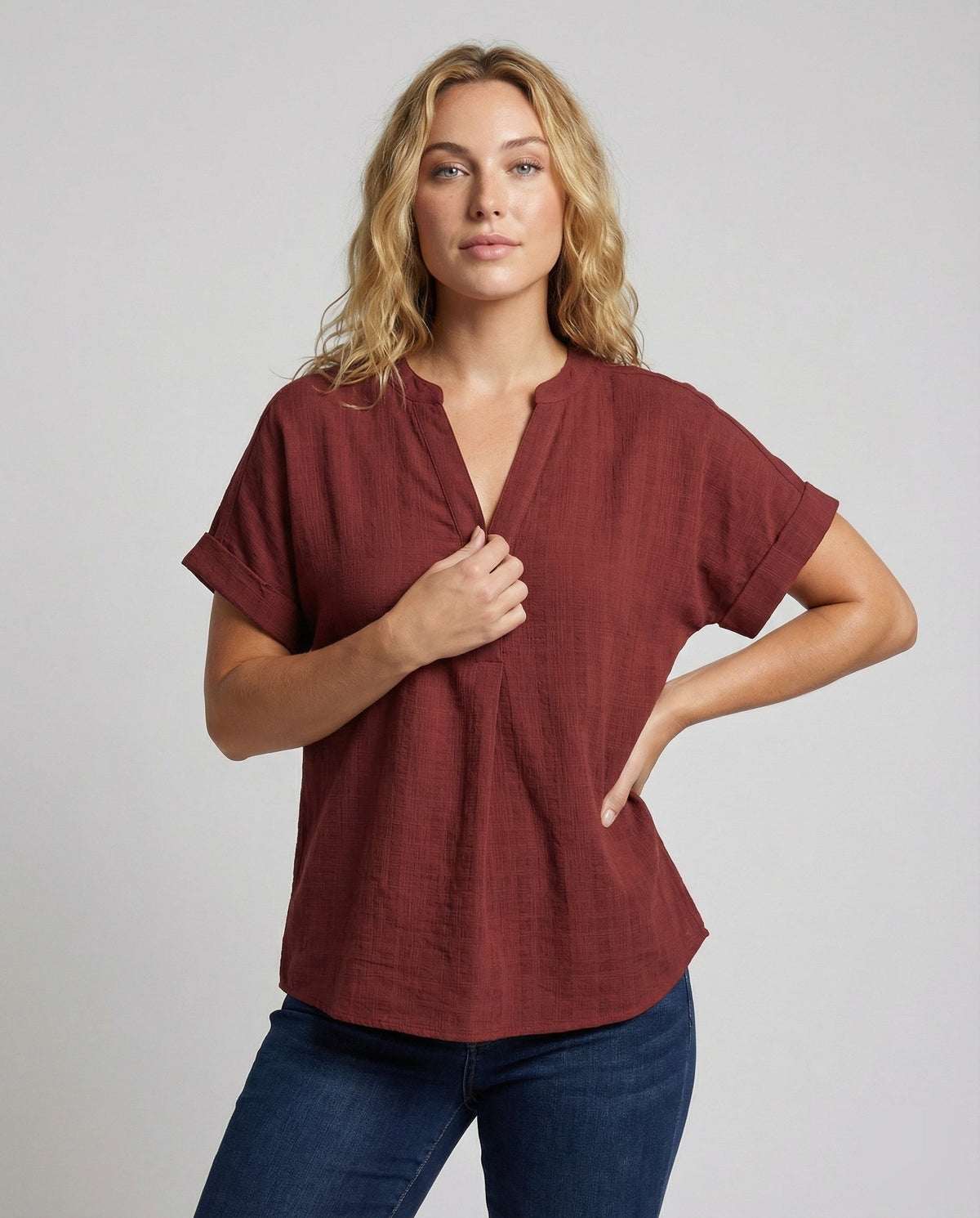 Women's Loose V-Neck Mixed Material Longline Blouse Shirt - Upper Body View