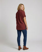 Women's Loose V-Neck Mixed Material Longline Blouse Shirt - Back View