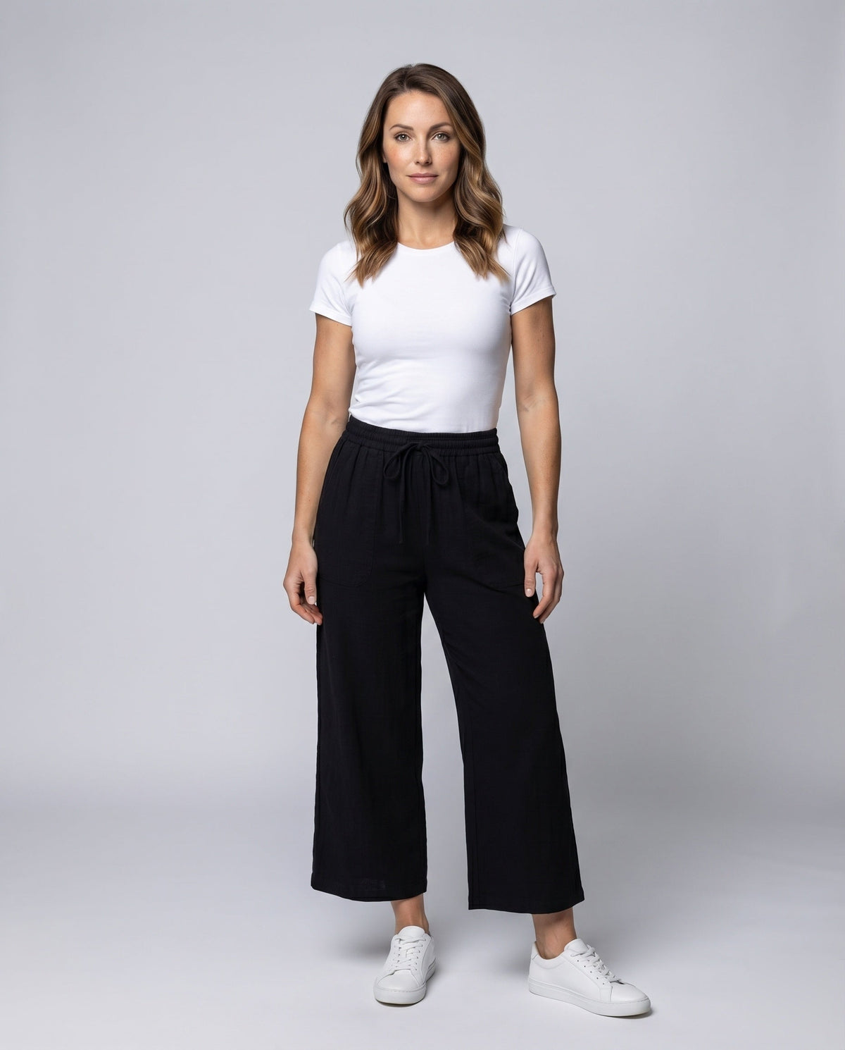 Women's Culotte Pants Linen Mix Drawstring Side Pockets - Front View
