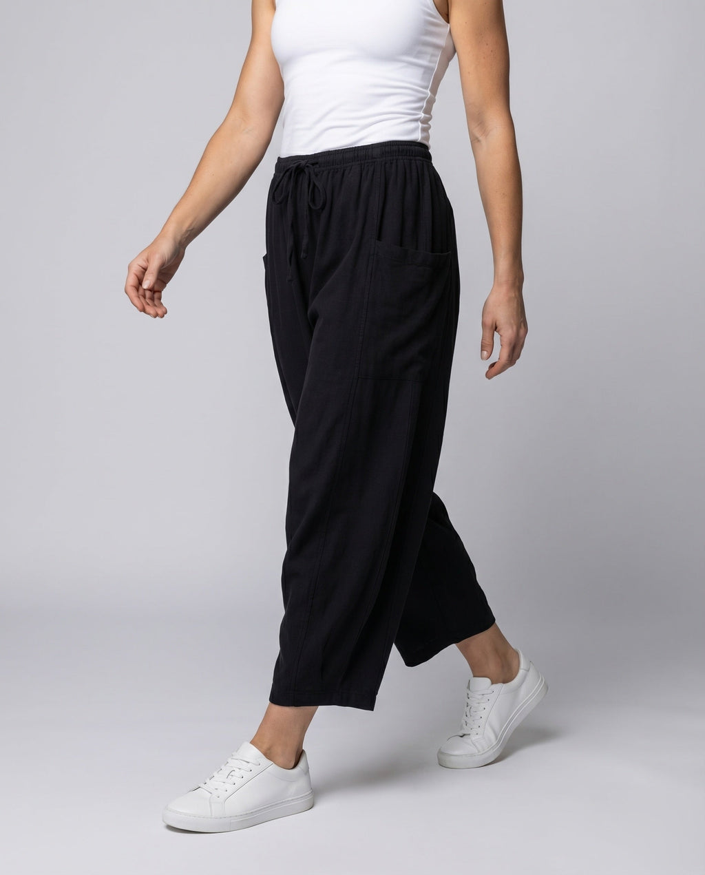 Women's Culotte Pants Linen Mix Drawstring Side Pockets - Lower Body View