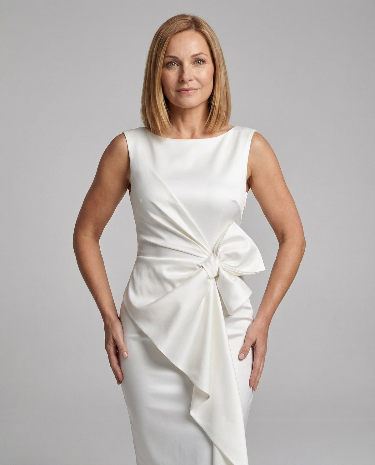 Satin Sheath Dress Asymmetric Elegant Women - Upper Body View