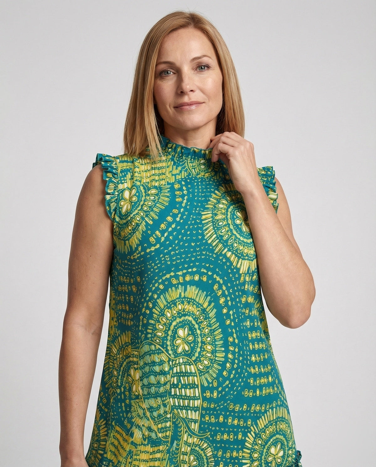 Ruffle Dress Sleeveless Boho Print Women - Upper Body View