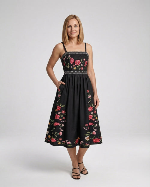 Retro Swing Dress Ankle-Length with Embroidery Women - Front View