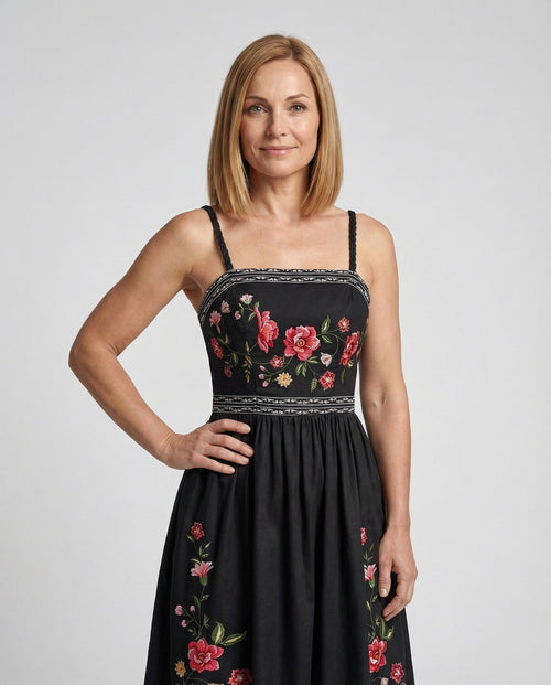 Retro Swing Dress Ankle-Length with Embroidery Women - Upper Body View