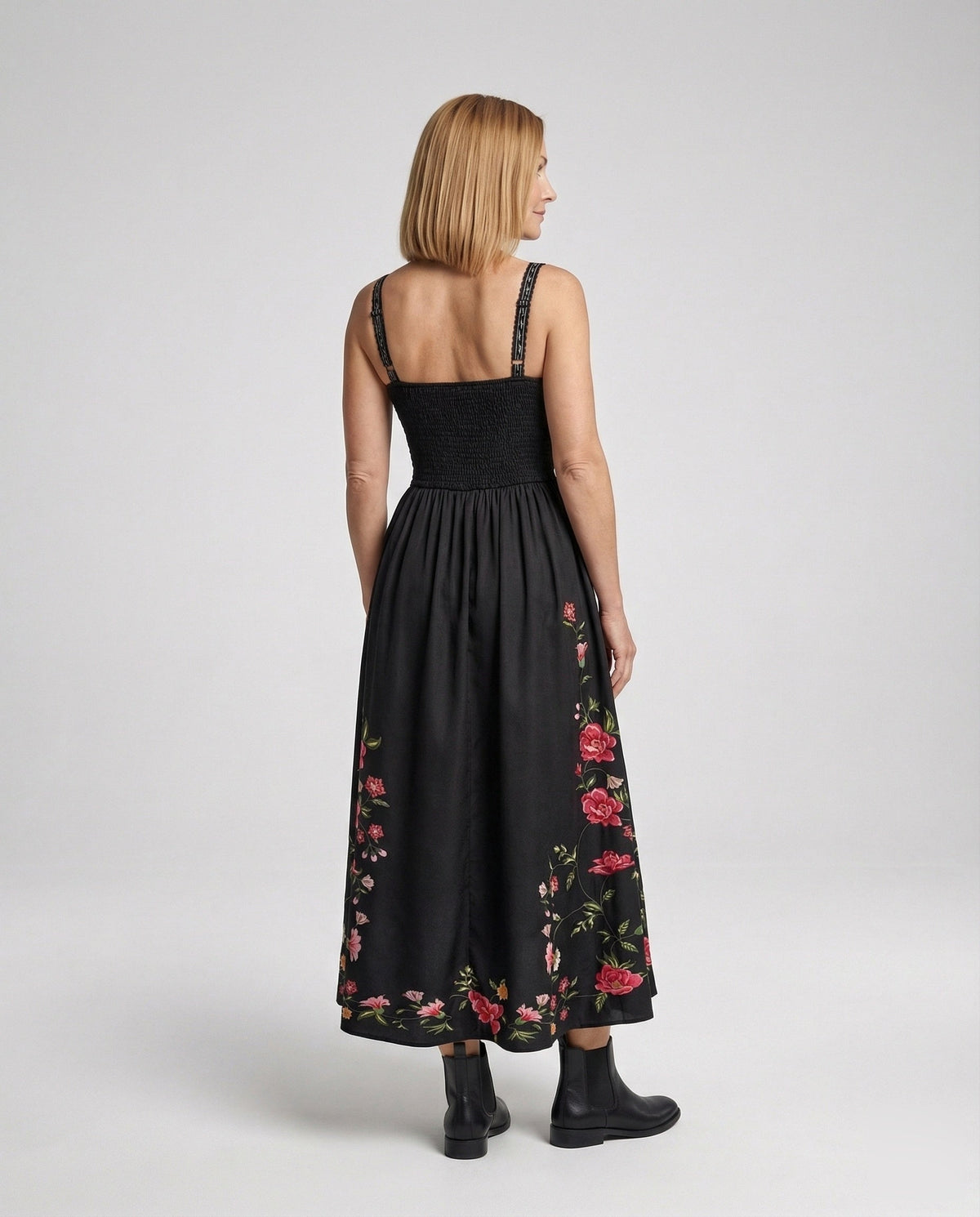 Retro Swing Dress Ankle-Length with Embroidery Women - Back View