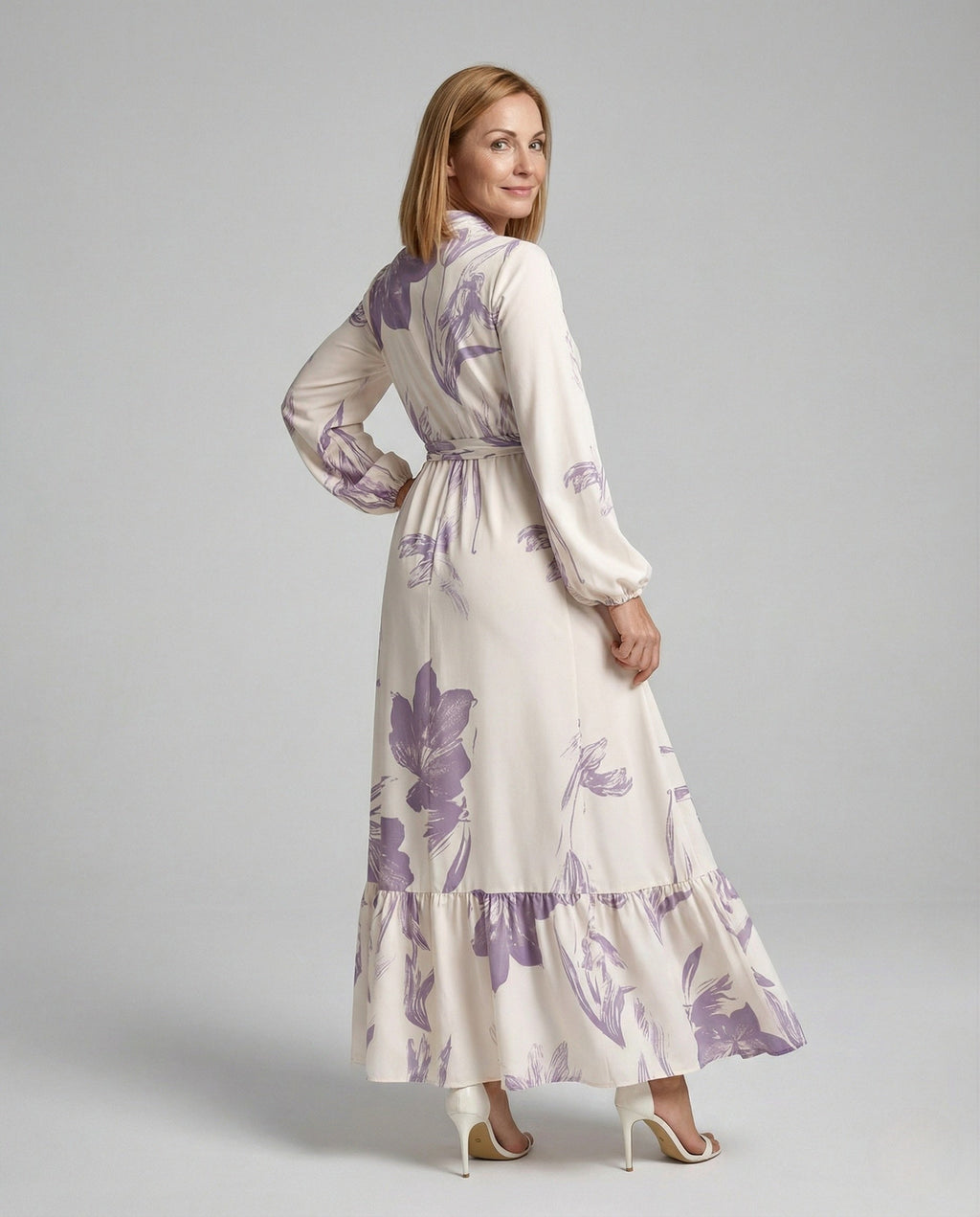 Women's Maxi Dress with Stand Collar and Balloon Sleeves - Back View