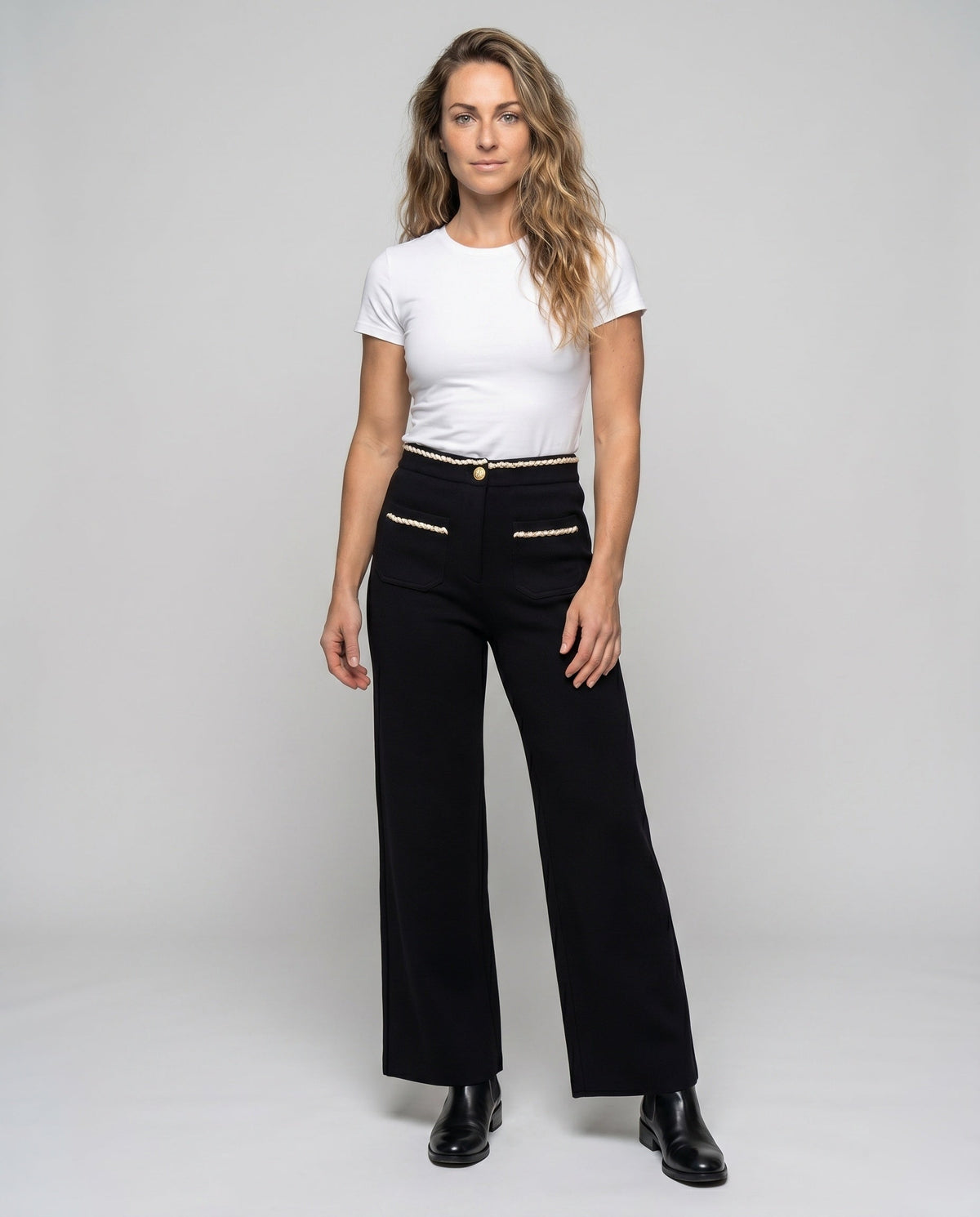 Women's Elegant and Comfortable Cropped Pants with Decorative Seams - Front View