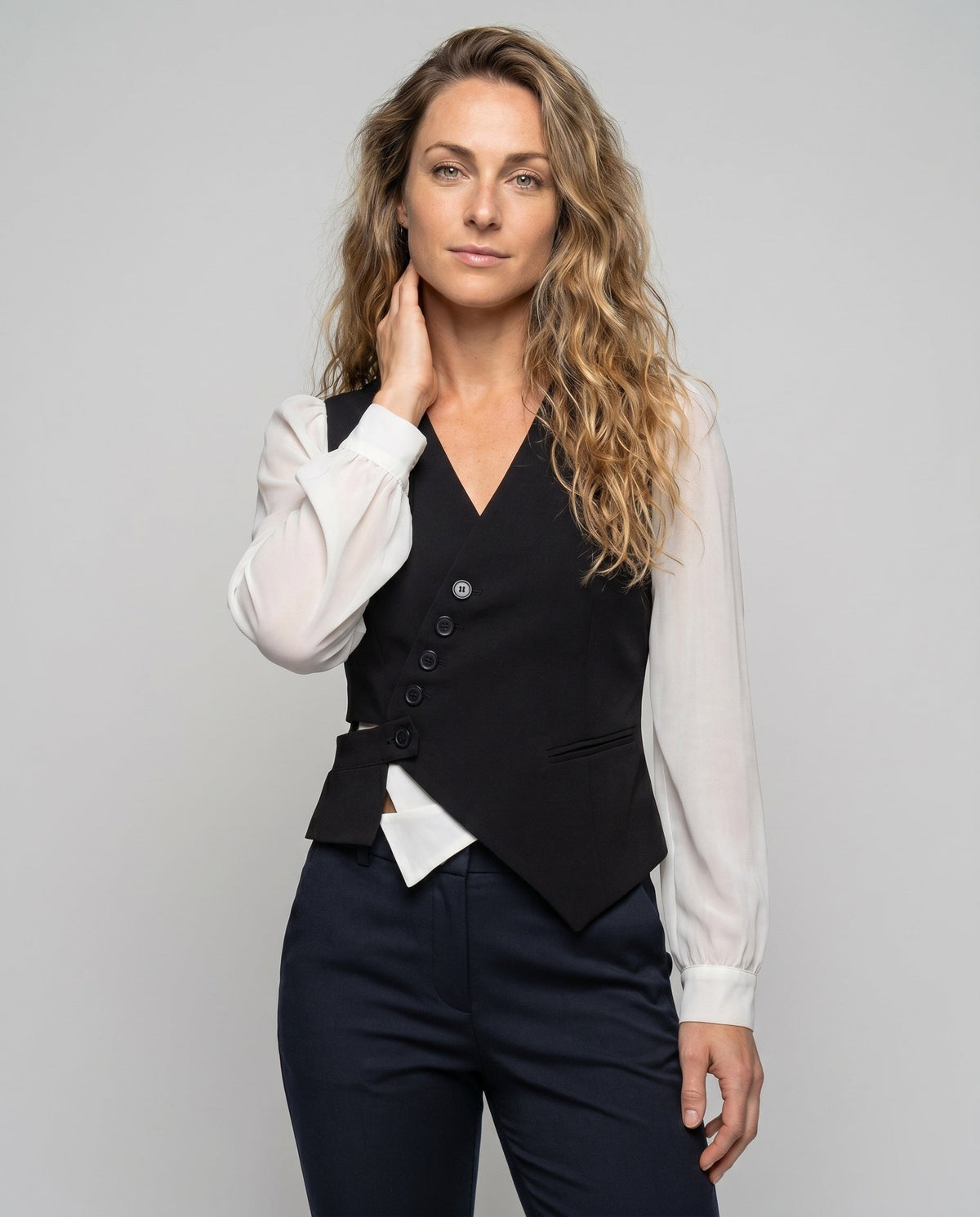 Women's Elegant Vest with Blouse Sleeves and Deep V-Neck Country Girl - Upper Body View
