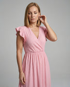 Women's Maxi Dress with V-Neck and Ruffled Sleeves - Upper Body View