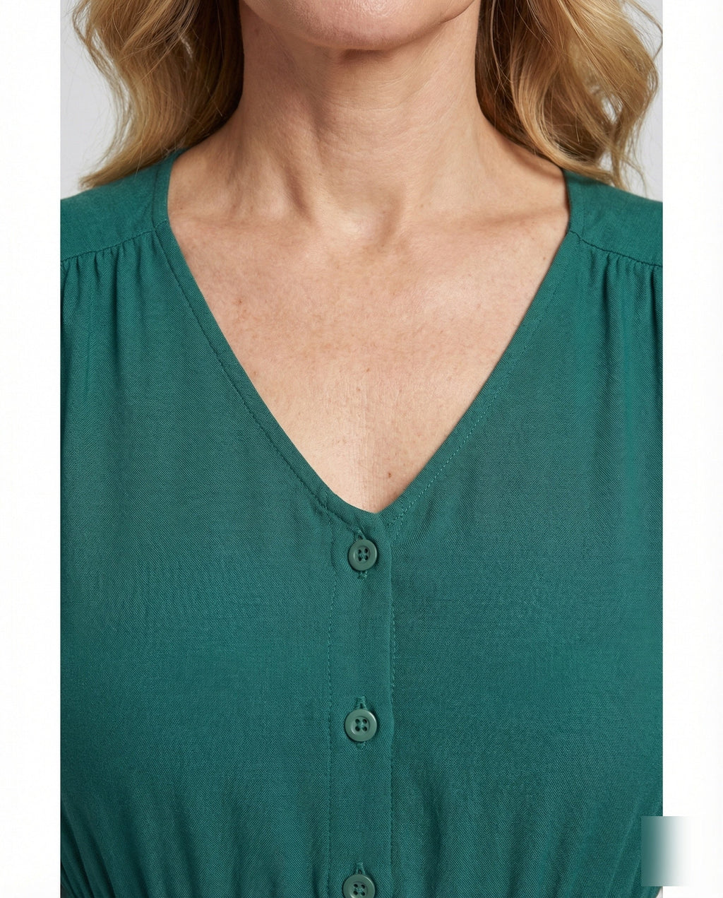 Women's Maxi Dress with Button Placket and Tiered Ruffle - Close-Up Detail