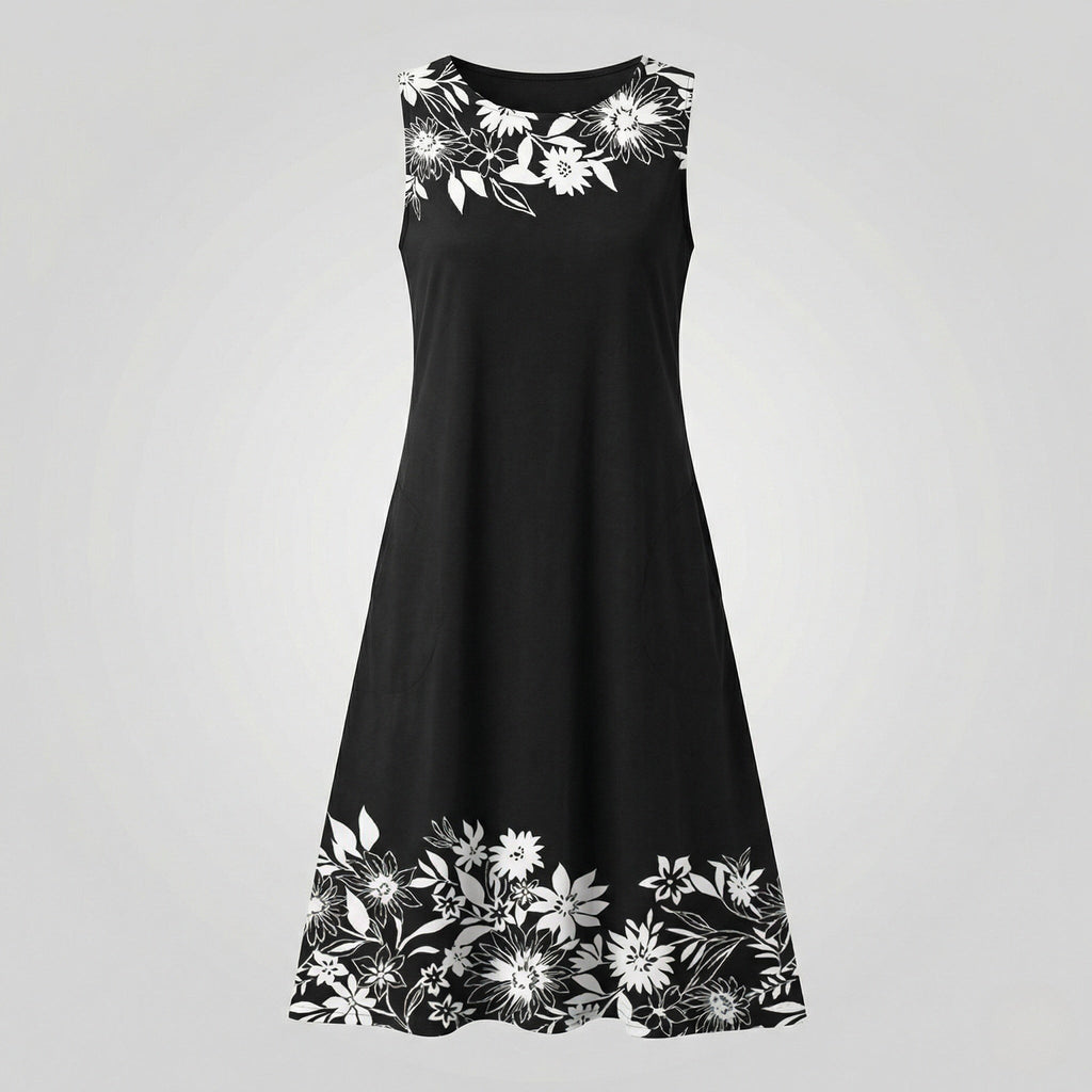 Women's Sleeveless A-Line Midi Dress with Floral Border