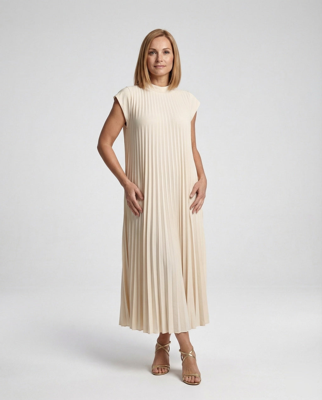 Women's Pleated A-Line Maxi Dress with Pockets - Front View