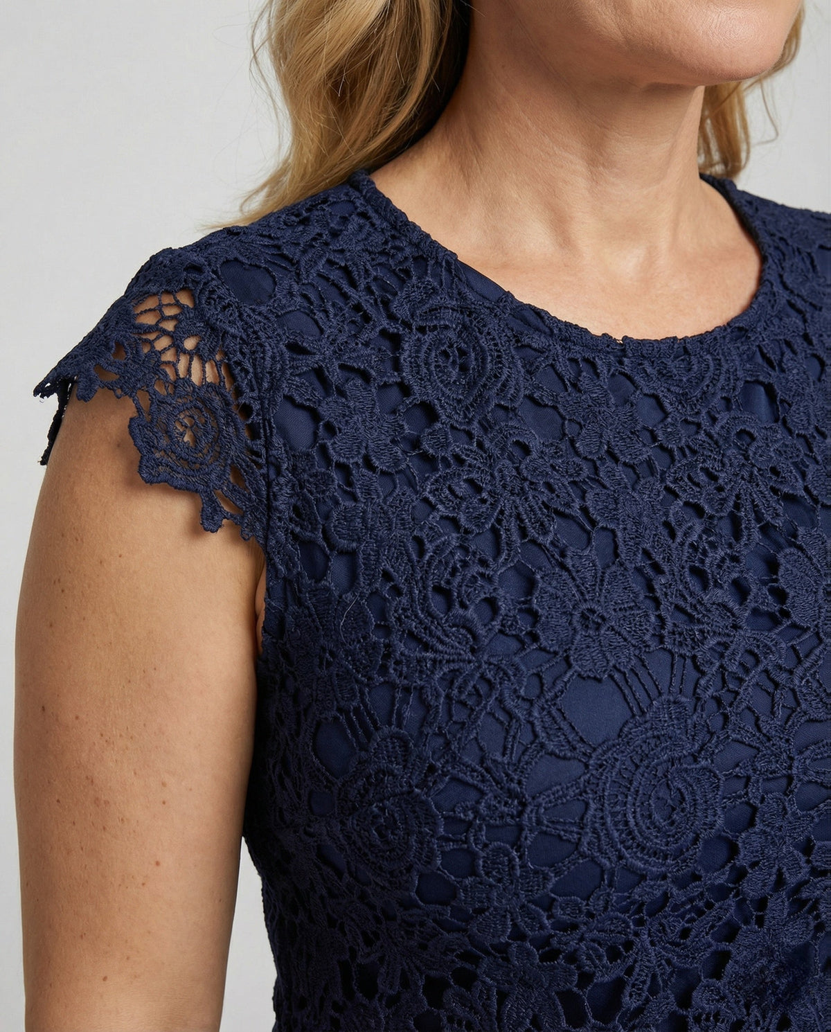 Women's Insulated Crochet Lace Dress with Cap Sleeves - Close-Up Detail