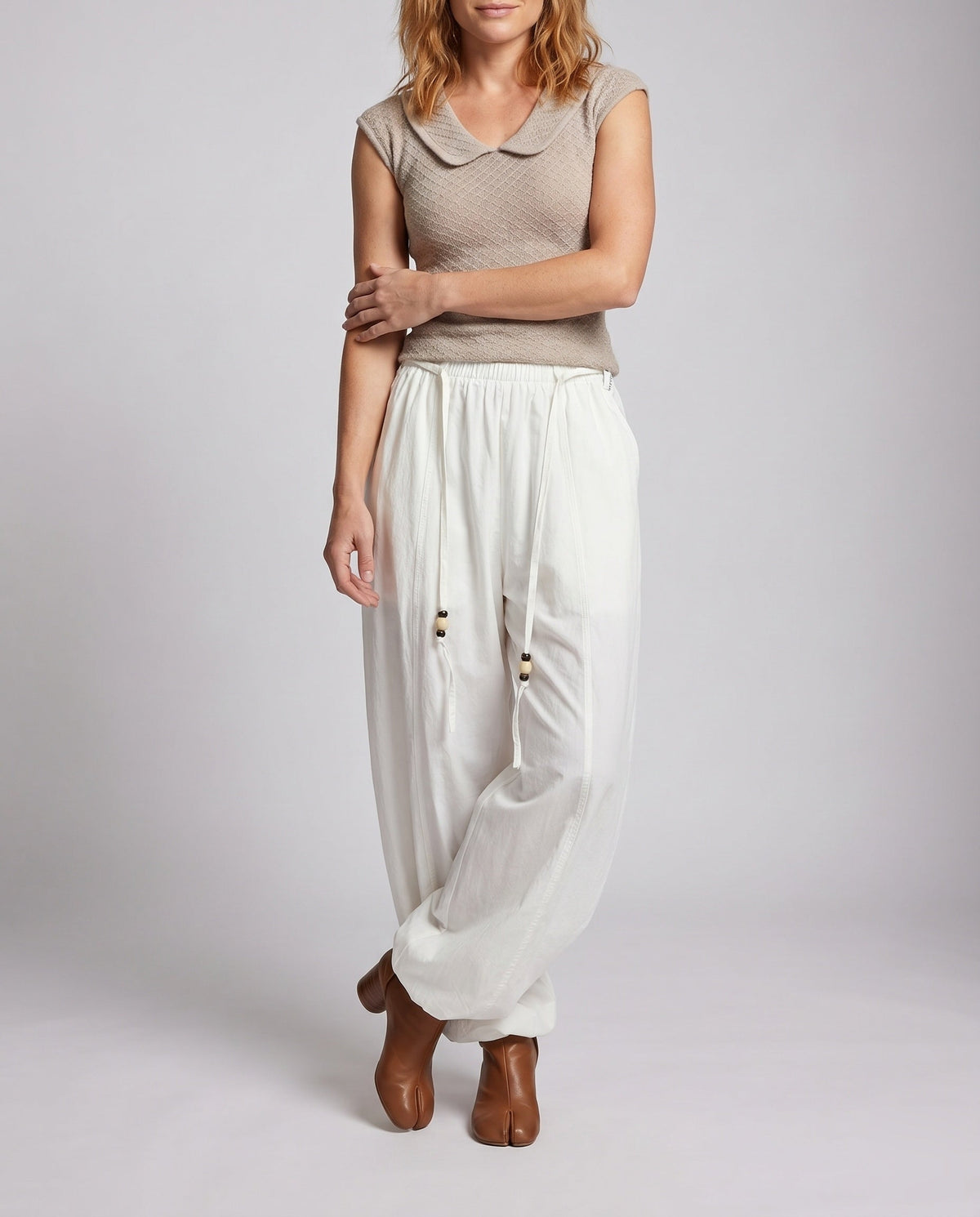 Women's High-Waisted Harem Pants with Wide Legs, Elastic Waistband - Lower Body View