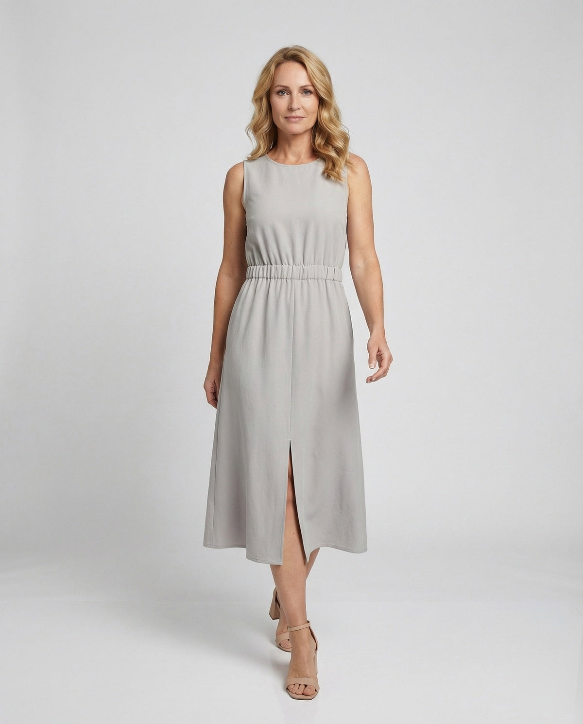 Women's Sleeveless Linen Midi Dress with Pockets - Front View
