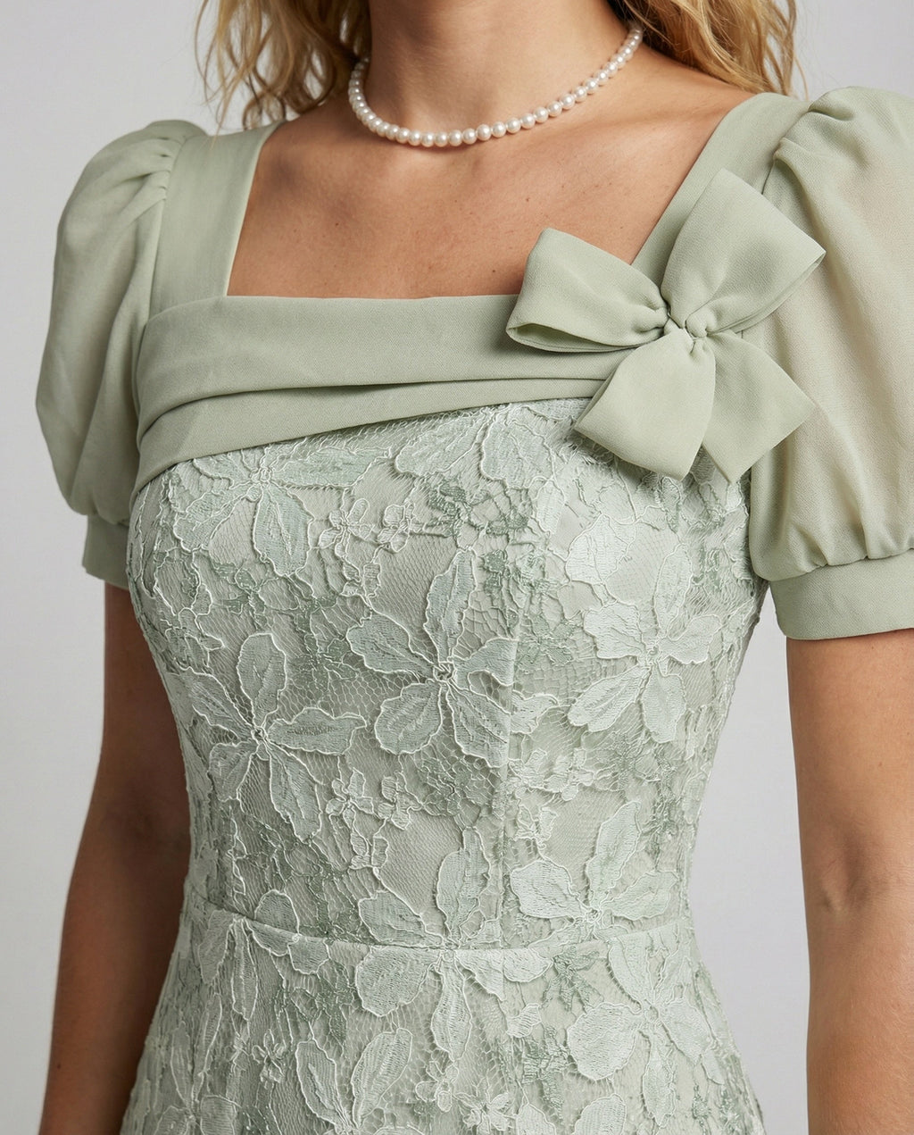 Women's Lace Evening Dress with Puff Sleeves - Close-Up Detail