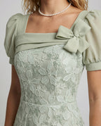 Women's Lace Evening Dress with Puff Sleeves - Close-Up Detail