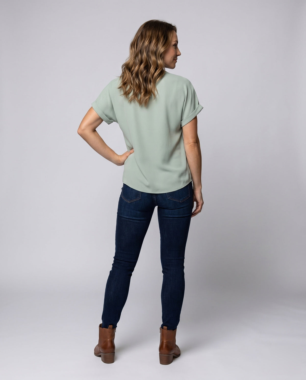 Women's Casual V-Neck Blouse Shirt with Chest Pocket - Back View